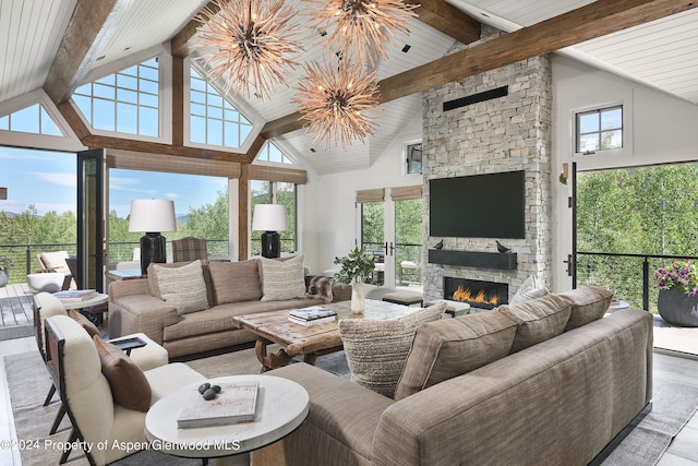 1271 Ute Ave, Aspen, CO 81611 - living room with wood finished floors, a stone fireplace, healthy amount of natural light, high vaulted ceiling, and a wooden ceiling with exposed beams