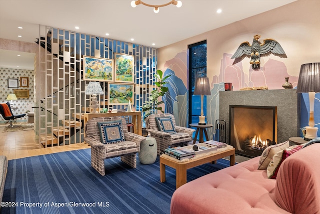 interior space featuring hardwood / wood-style flooring and a fireplace