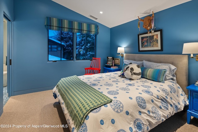 bedroom with lofted ceiling and carpet floors