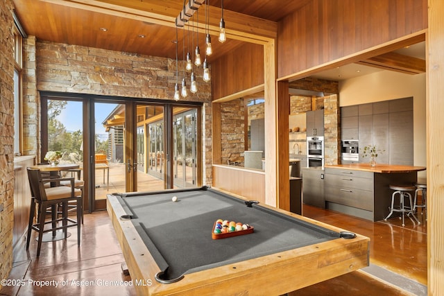 recreation room featuring sink, wood ceiling, and pool table