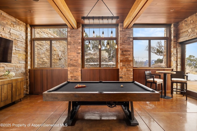 game room with beamed ceiling, tile patterned flooring, wooden ceiling, and pool table