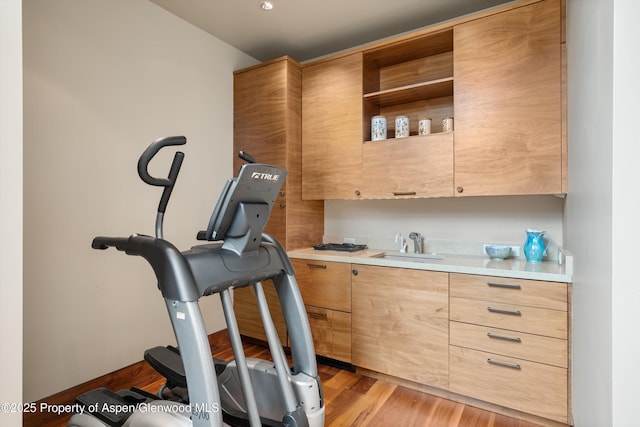 exercise area with light hardwood / wood-style floors