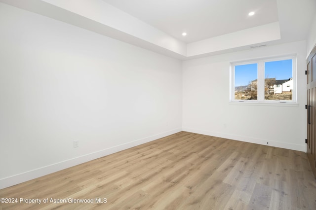 empty room with a raised ceiling and light hardwood / wood-style flooring