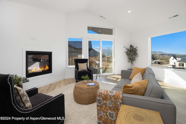 living room featuring a wealth of natural light, light hardwood / wood-style flooring, and lofted ceiling