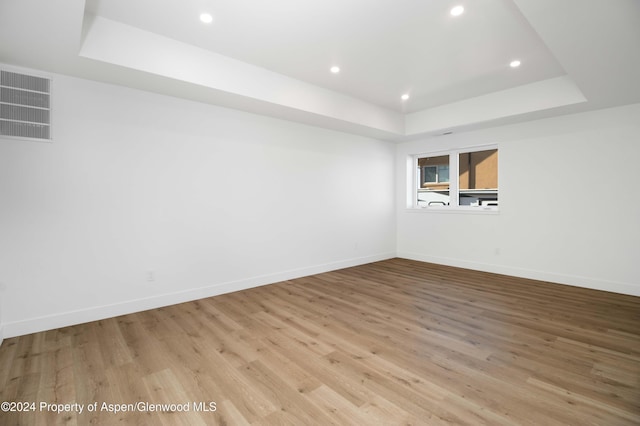 spare room with light wood-type flooring and a raised ceiling