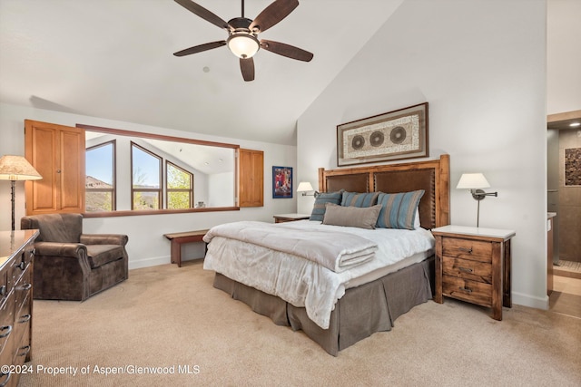 425 Wood Rd Unit 43, Snowmass Village, CO 81615 - bedroom with light carpet, baseboards, high vaulted ceiling, ensuite bathroom, and a ceiling fan