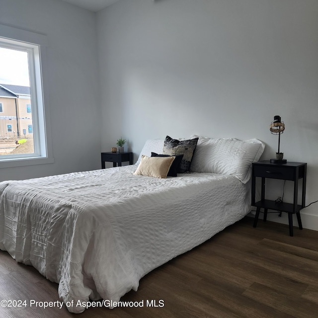 bedroom featuring dark hardwood / wood-style floors and multiple windows