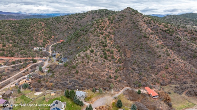 drone / aerial view featuring a mountain view