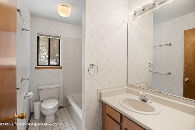 full bathroom with vanity,  shower combination, tile patterned floors, and toilet