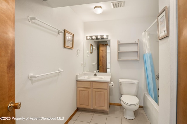 full bathroom featuring vanity, shower / bath combo, tile patterned floors, and toilet