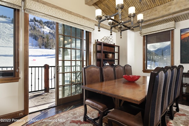 dining space with beam ceiling, an inviting chandelier, and wood ceiling