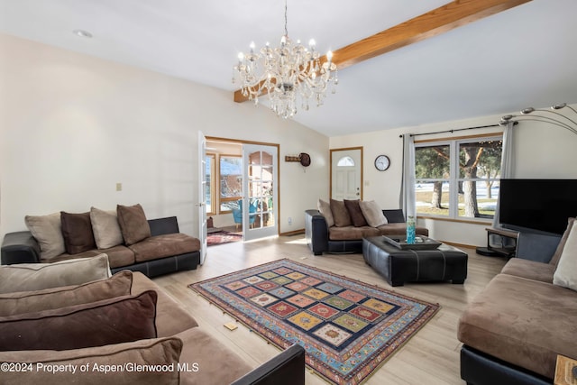 living room featuring vaulted ceiling with beams, light hardwood / wood-style floors, and an inviting chandelier