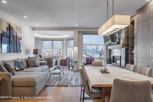 dining space featuring a premium fireplace and light hardwood / wood-style flooring