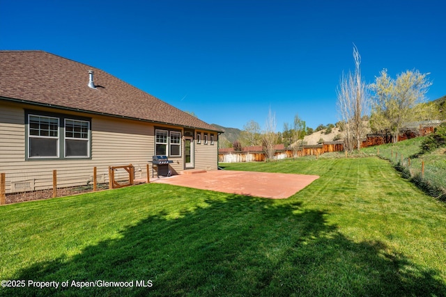 440 Stage Coach Ln, New Castle, CO 81647 - back of house with a yard, a patio area, roof with shingles, and a fenced backyard