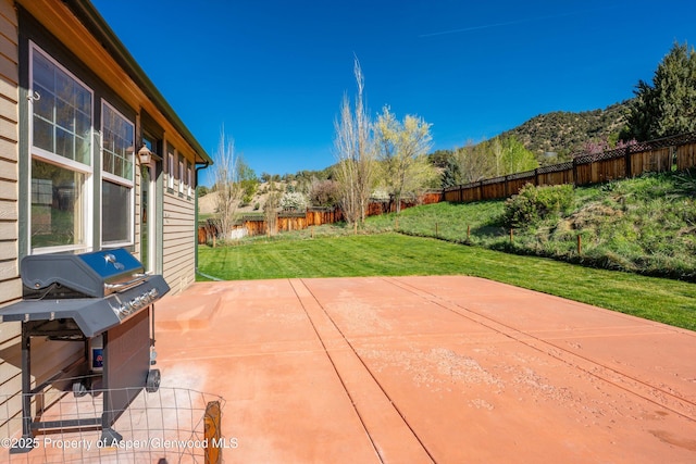 440 Stage Coach Ln, New Castle, CO 81647 - view of patio featuring a fenced backyard, a grill, and a mountain view