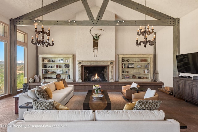 living room featuring beam ceiling and high vaulted ceiling