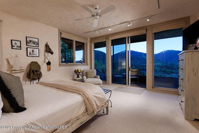 carpeted bedroom featuring access to exterior, a textured ceiling, and ceiling fan