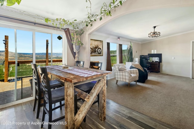 dining area featuring wood finished floors, crown molding, and arched walkways