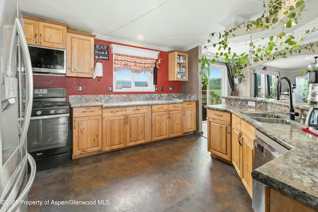 kitchen featuring ornamental molding, appliances with stainless steel finishes, and a sink