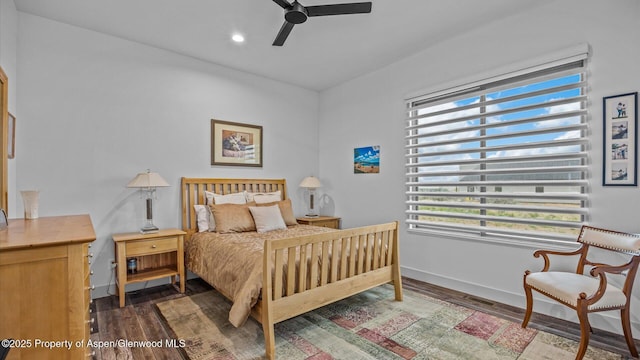 63 Meadow Creek Ct, Battlement Mesa, CO 81635 - bedroom featuring ceiling fan, baseboards, dark wood-style flooring, and recessed lighting