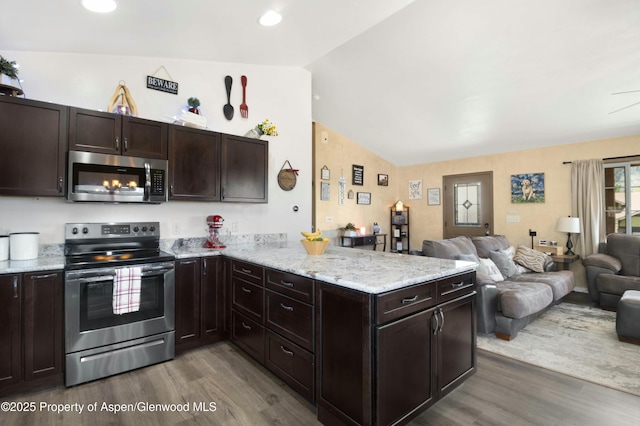 31 Hawthorne Way, Parachute, CO 81635 - kitchen with a peninsula, vaulted ceiling, wood finished floors, and stainless steel appliances