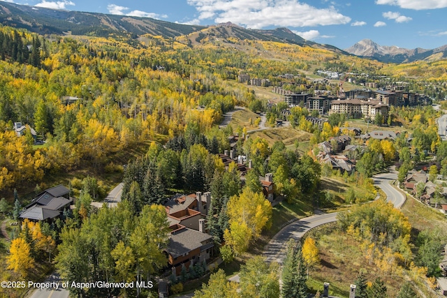 bird's eye view featuring a wooded view and a mountain view