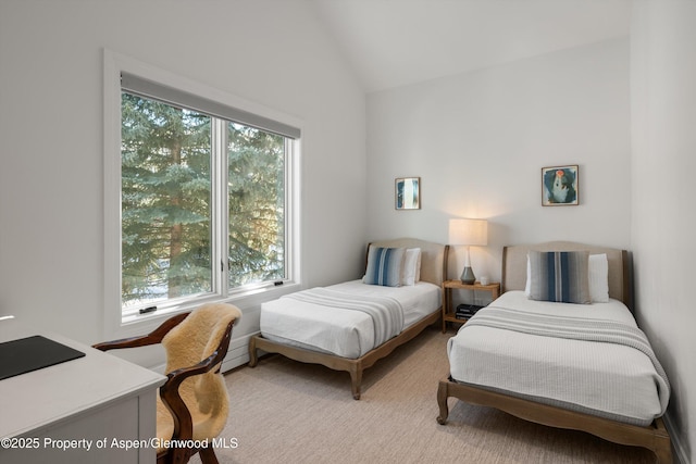 carpeted bedroom featuring vaulted ceiling