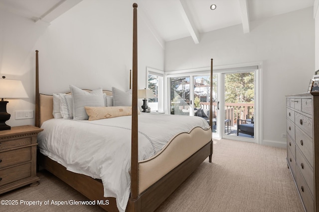 bedroom featuring light carpet, access to outside, and vaulted ceiling with beams