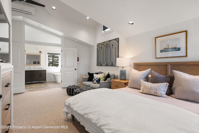 bedroom with high vaulted ceiling, light colored carpet, and recessed lighting