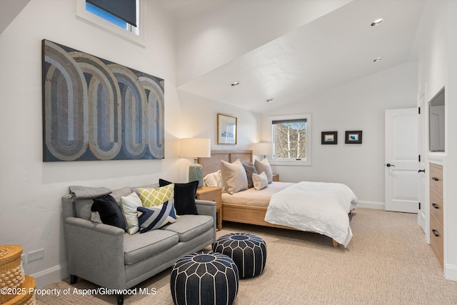 carpeted bedroom featuring vaulted ceiling, recessed lighting, and baseboards