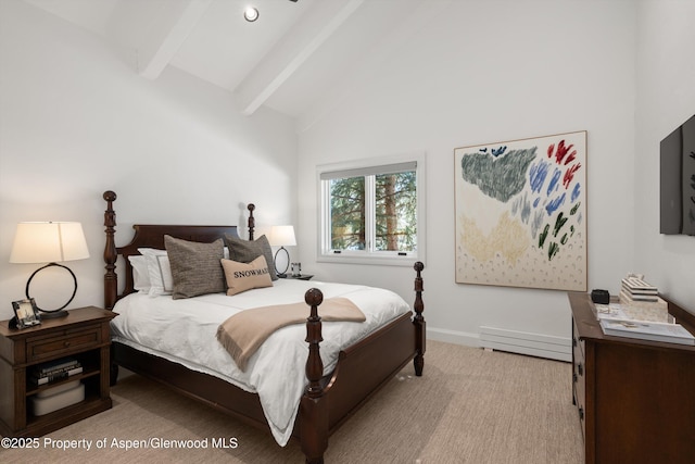 bedroom featuring vaulted ceiling with beams, recessed lighting, baseboard heating, light carpet, and baseboards