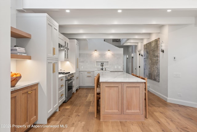 kitchen featuring a kitchen island, high end stainless steel range oven, light wood-style floors, open shelves, and backsplash