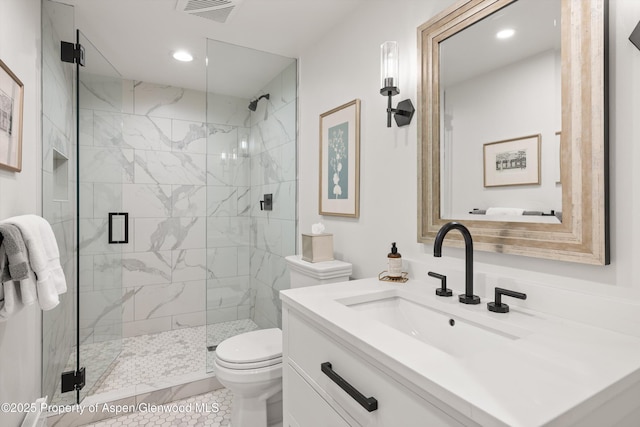 full bathroom with recessed lighting, visible vents, toilet, a stall shower, and vanity