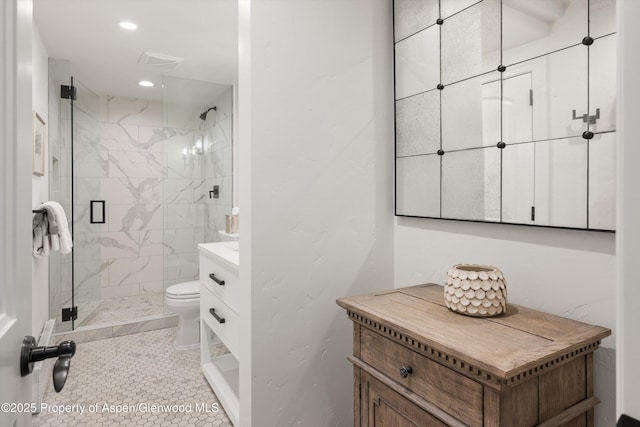 full bathroom featuring tile patterned flooring, toilet, recessed lighting, vanity, and a stall shower