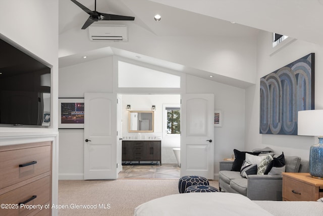 bedroom with light carpet, high vaulted ceiling, and a wall mounted AC