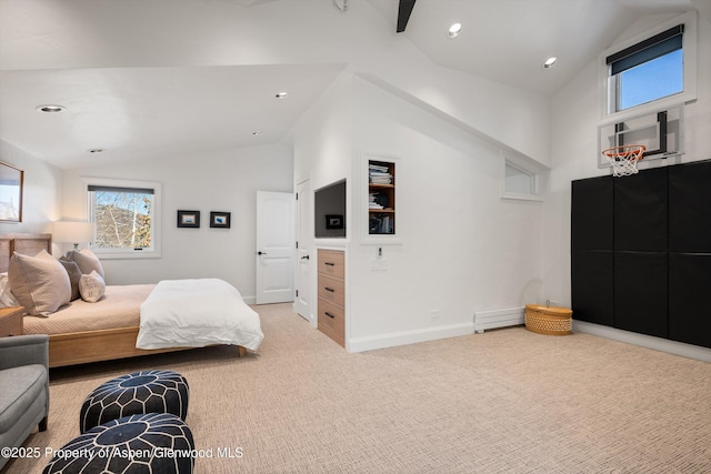 carpeted bedroom with vaulted ceiling, baseboards, and recessed lighting