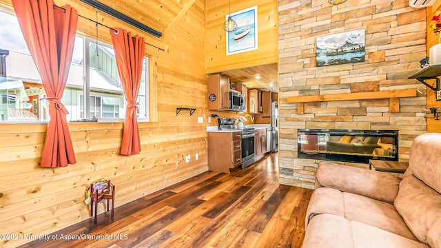 329 River Frontage Rd # 14, Silt, CO 81652 - living area featuring dark wood finished floors, wood walls, a fireplace, and a high ceiling