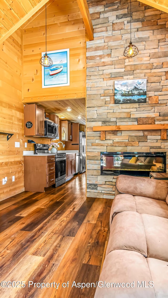 329 River Frontage Rd # 14, Silt, CO 81652 - living room with dark wood finished floors, wood walls, a fireplace, and wooden ceiling