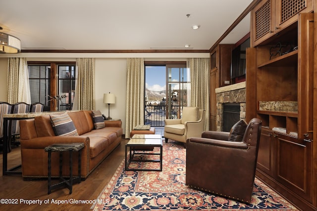 living room featuring ornamental molding, a stone fireplace, and dark wood-type flooring