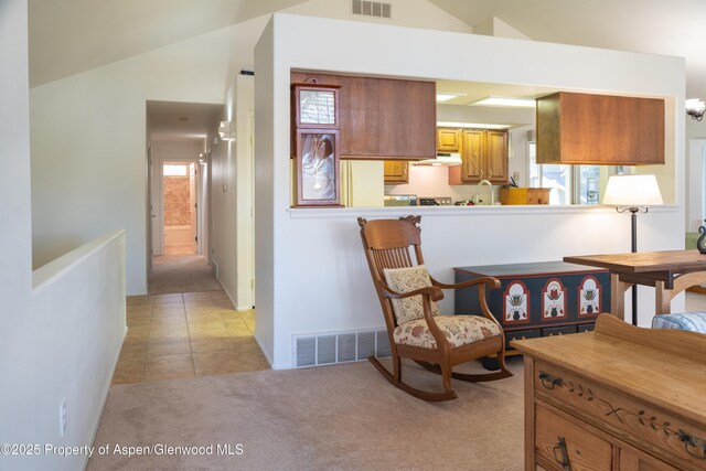 interior space with light carpet, vaulted ceiling, visible vents, and a healthy amount of sunlight