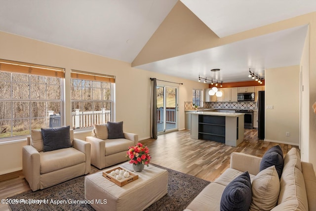 721 Pine Ct, New Castle, CO 81647 - living area with baseboards, light wood-style flooring, vaulted ceiling, and a chandelier
