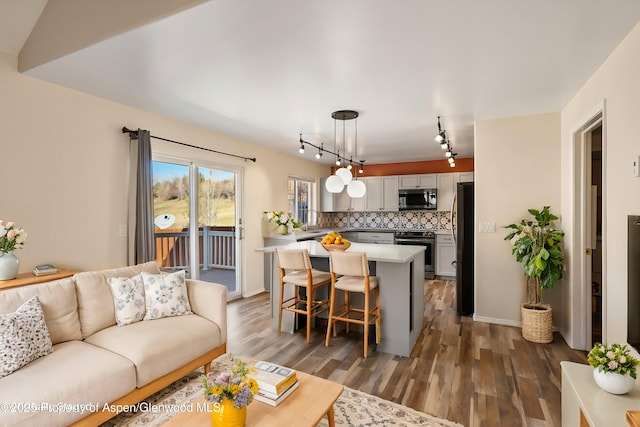 721 Pine Ct, New Castle, CO 81647 - living area featuring baseboards, wood finished floors, and track lighting
