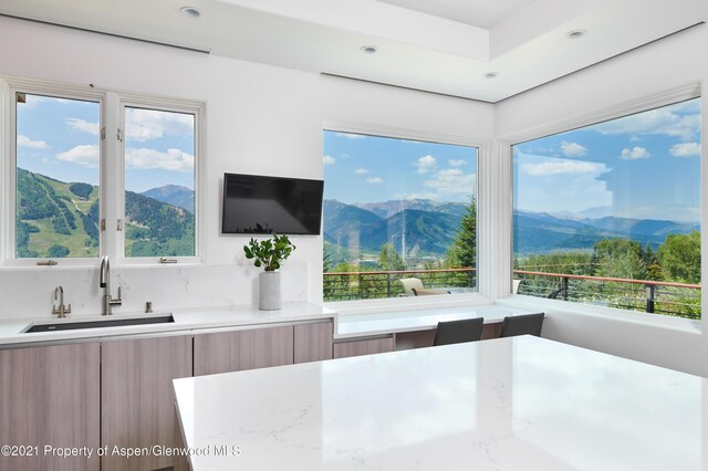 interior space featuring light stone countertops and sink