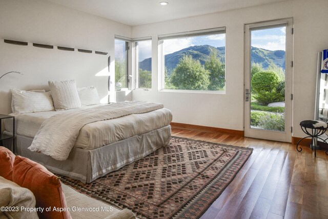 bedroom featuring a mountain view, access to exterior, and hardwood / wood-style flooring