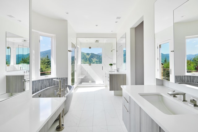 bathroom with a mountain view, vanity, and an enclosed shower