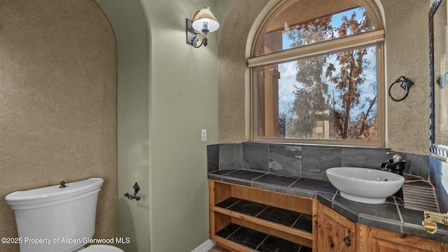 bathroom featuring vanity, toilet, and backsplash