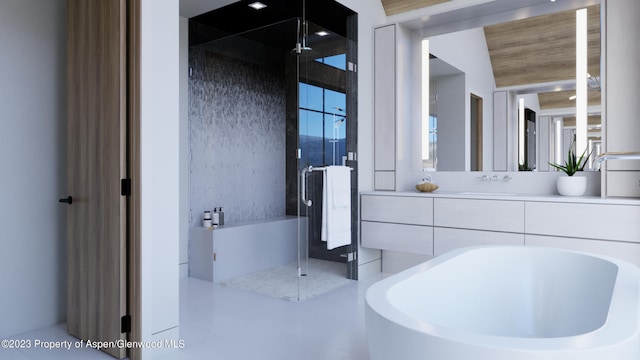 bathroom featuring shower with separate bathtub and vanity