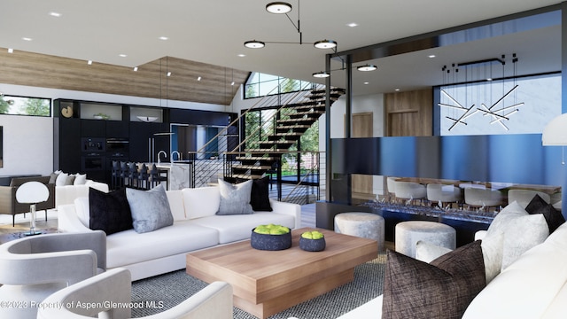 living room with an inviting chandelier