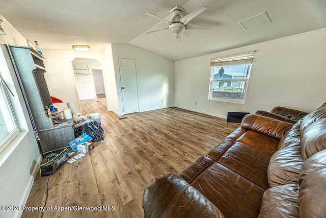 261 Ellis Ave, Maybell, CO 81640 - living area featuring a healthy amount of sunlight, a ceiling fan, vaulted ceiling, arched walkways, and wood finished floors