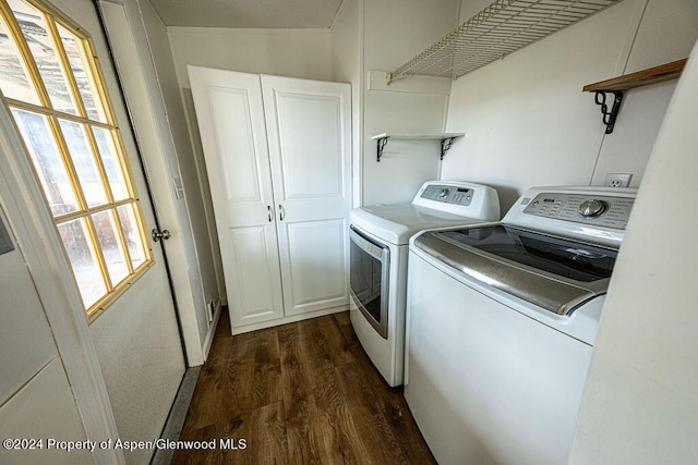 261 Ellis Ave, Maybell, CO 81640 - laundry area featuring a healthy amount of sunlight, separate washer and dryer, laundry area, and dark wood finished floors